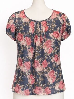 SHEIN Navy Floral Short-Sleeve Blouse with Pink Blooms